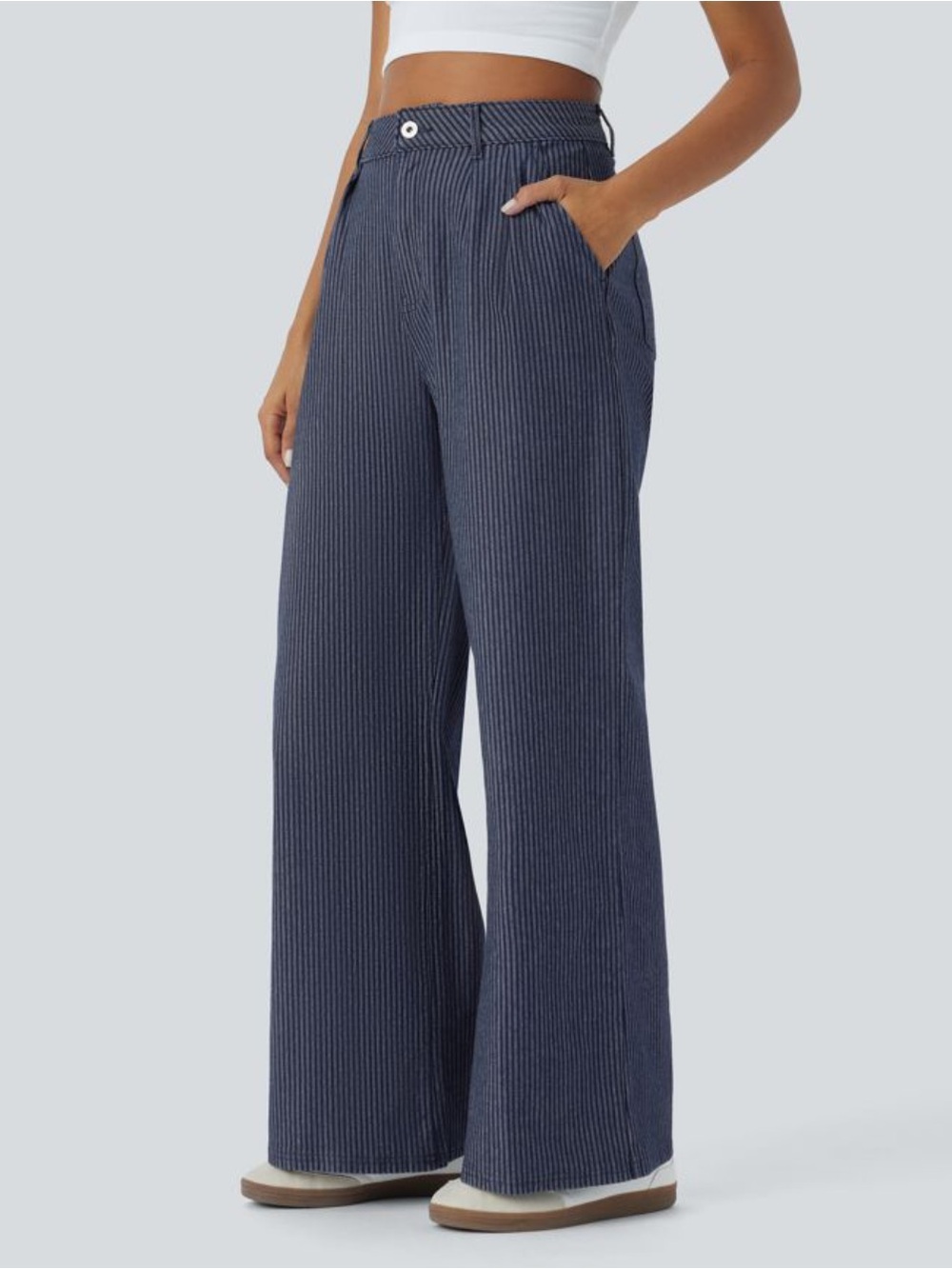 Halara Flex High Waisted Pockets Striped Washed Casual Baggy Wide Leg Jeans